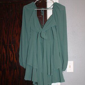 HYFVE Teal Chiffon Crossover Mini Dress Sheer Sleeves NEW w/ TAGS Shorts Under